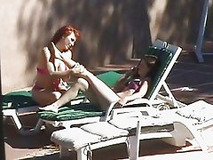 Lesbian anal sex party by the pool