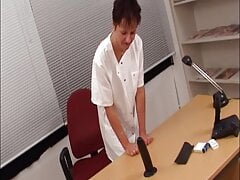 Old German slut gets banged by two big cock doctors in the office