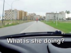 Curly ginger passenger babe gives a blowjob in a car and gets fucked in public