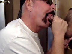 Moustache mature gay sucks gloryhole rod till cum in mouth
