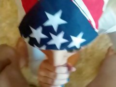 Blonde gf surprises with blowjob for Independence Day