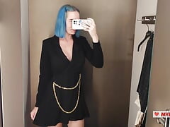 Trying on mini dresses and sexy clothes in a shopping center. Look at me in the fitting room and jerk off to my tits