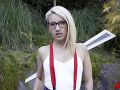 Skinny blonde girl Sophia Grace with glasses rides a black dick
