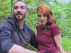 Redhead French gf blows cock in the woods