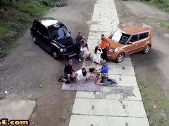 Cab bitches smashed outdoor in orgy by nasty fuckers